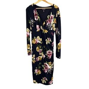 Long Tall Sally Floral Wrap Dress Black V Neck Long Sleeve Knee Length Size 8